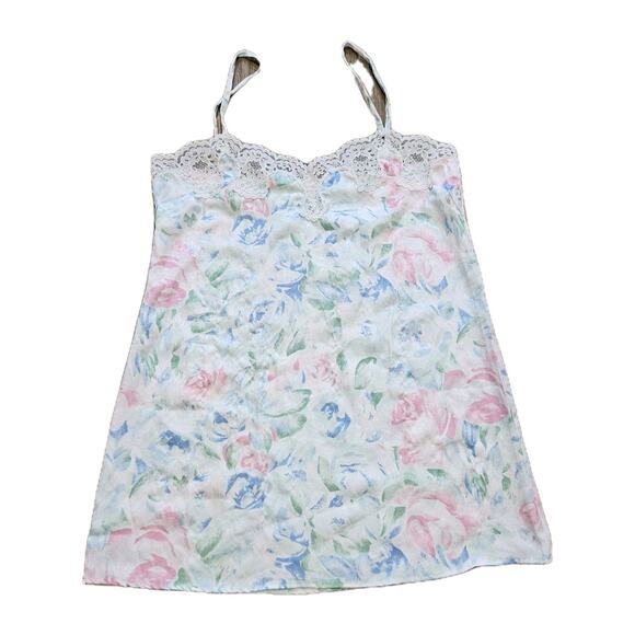 Vtg Floral Slip Dress Womens L Pastel Lace Trim Cottagecore Coquette Romantic - Picture 1 of 7